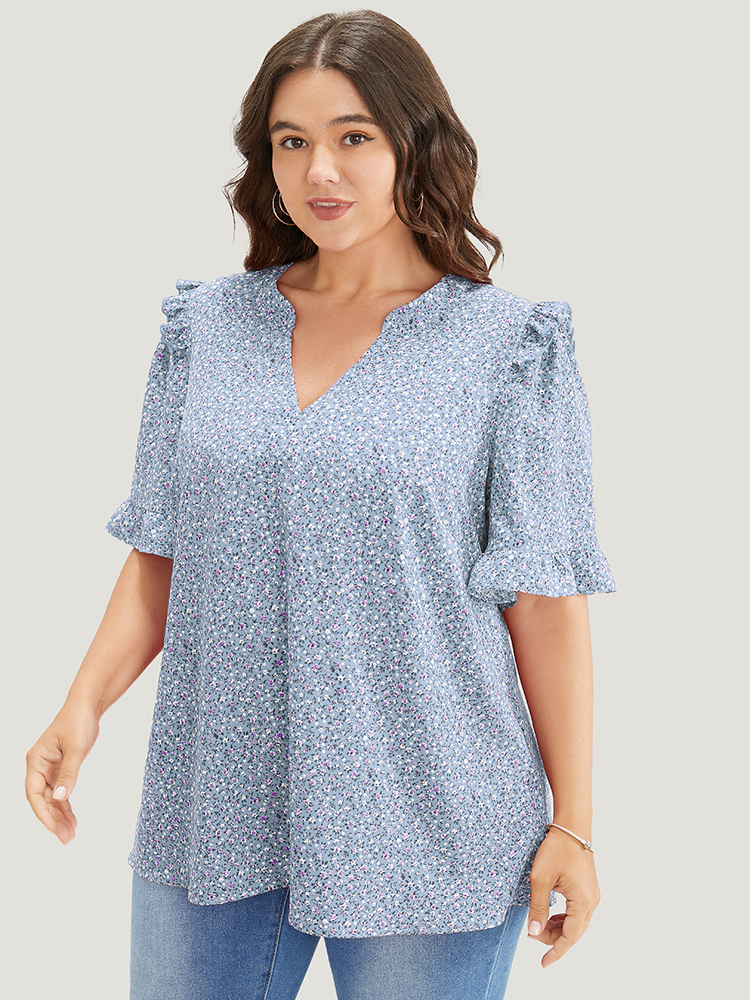 Plus Size Stone Ditsy Floral Frill Trim Ruffle Sleeve Notched Neck Blouse Women Elegant Short sleeve V-neck Dailywear Blouses BloomChic 22-24/3X 