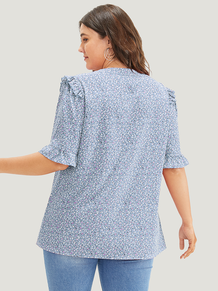 Plus Size Stone Ditsy Floral Frill Trim Ruffle Sleeve Notched Neck Blouse Women Elegant Short sleeve V-neck Dailywear Blouses BloomChic 22-24/3X 