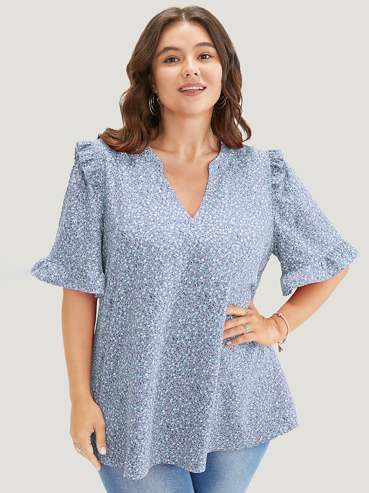Plus Size Stone Ditsy Floral Frill Trim Ruffle Sleeve Notched Neck Blouse Women Elegant Short sleeve V-neck Dailywear Blouses BloomChic 22-24/3X 