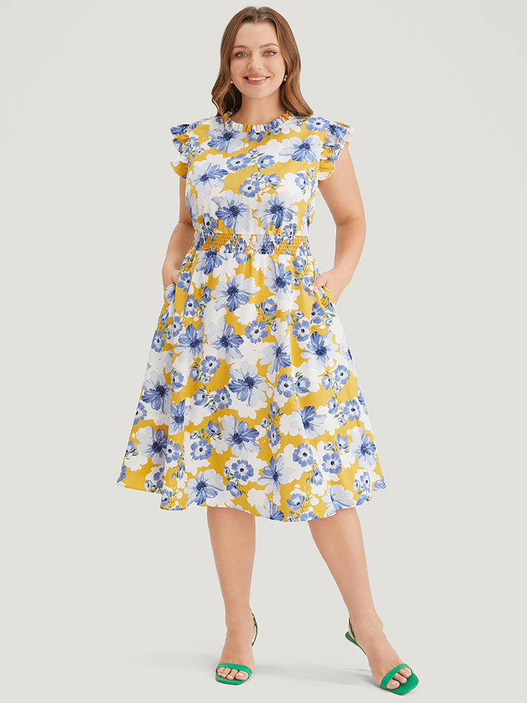 

Plus Size Floral Shirred Mock Neck Ruffle Trim Pocket Flutter Dress Yellow Women Elegant Pocket Mock Neck Sleeveless Curvy Midi Dress BloomChic