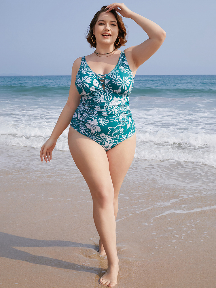 Floral Print Crisscross Sculpt Waist Ruched One Piece Swimsuit BloomChic 