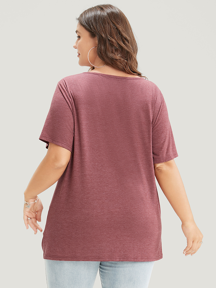 

Plus Size Solid V Neck Twist Hem T-shirt Russet Women Casual Plain V-neck Dailywear T-shirts BloomChic