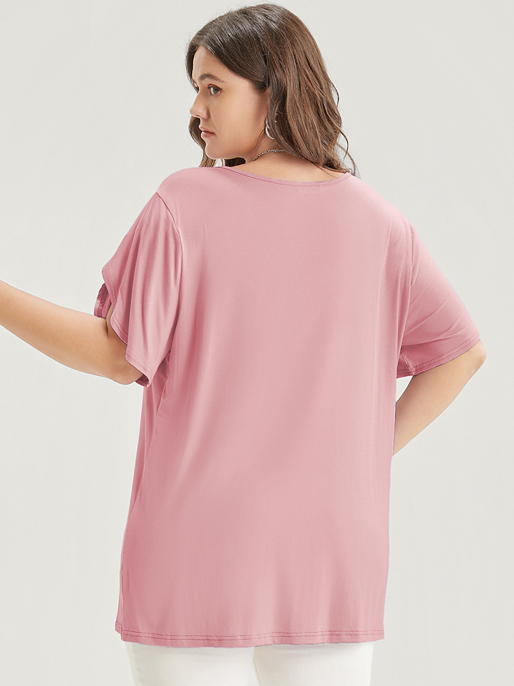 

Plus Size Plain V Neck Split Petal Sleeve T-shirt Crepe Women Casual Plain V-neck Dailywear T-shirts BloomChic