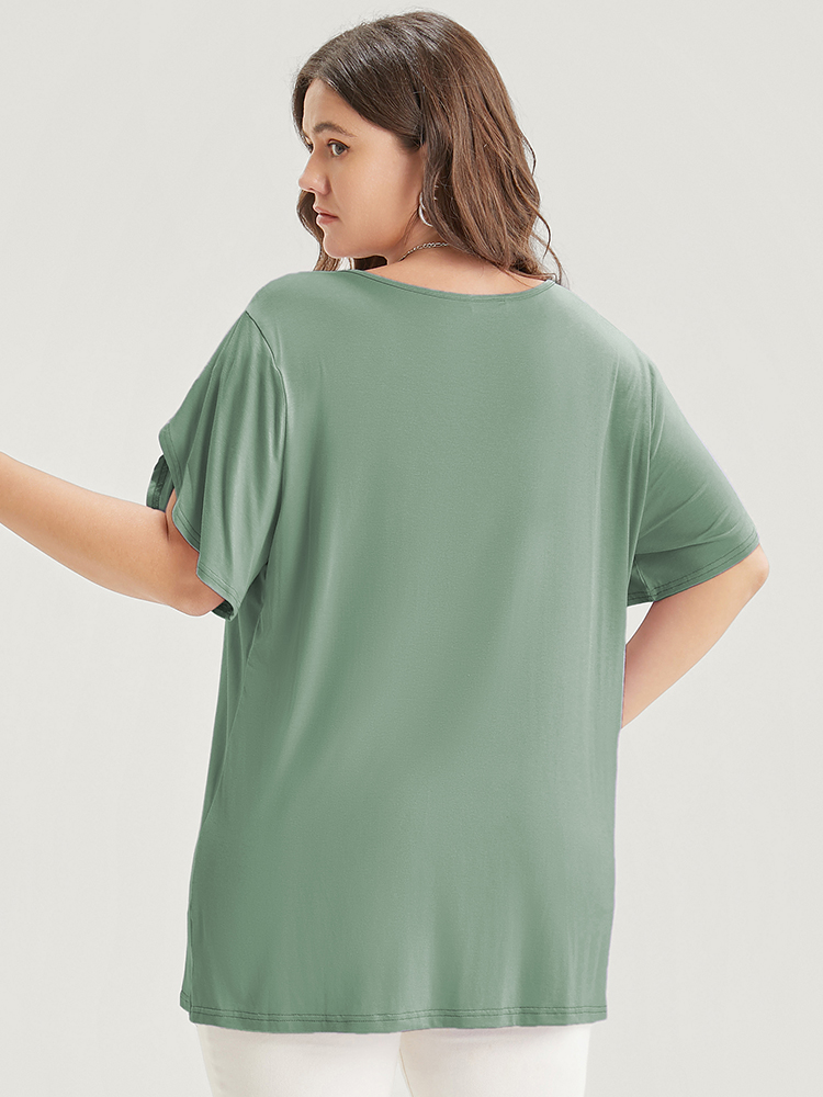 

Plus Size Plain V Neck Split Petal Sleeve T-shirt Mint Women Casual Plain V-neck Dailywear T-shirts BloomChic