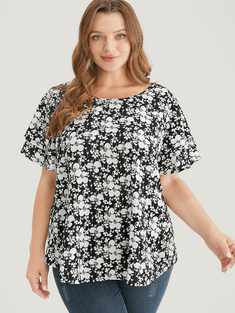Plus Size Women Dailywear Ditsy Floral Ruffle Sleeve Short sleeve Round Neck Elegant Blouses BloomChic 