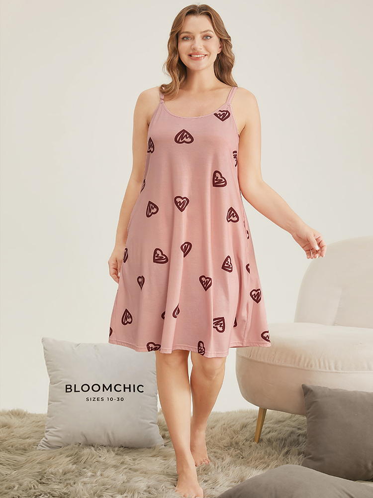 

Plus Size Heart Print Pocket Spaghetti Strap Sleep Dress Women Rouge Casual Heart Print Spaghetti Strap Pocket Loungewear BloomChic