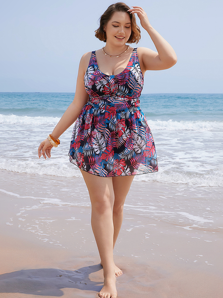 Plant Print Contrast Ruffle Hem A Line Ruched Swim Dress BloomChic 