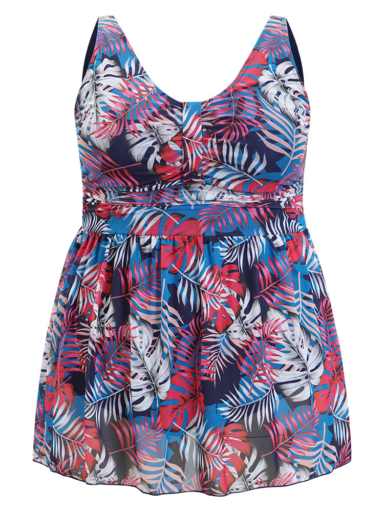 Plant Print Contrast Ruffle Hem A Line Ruched Swim Dress BloomChic 