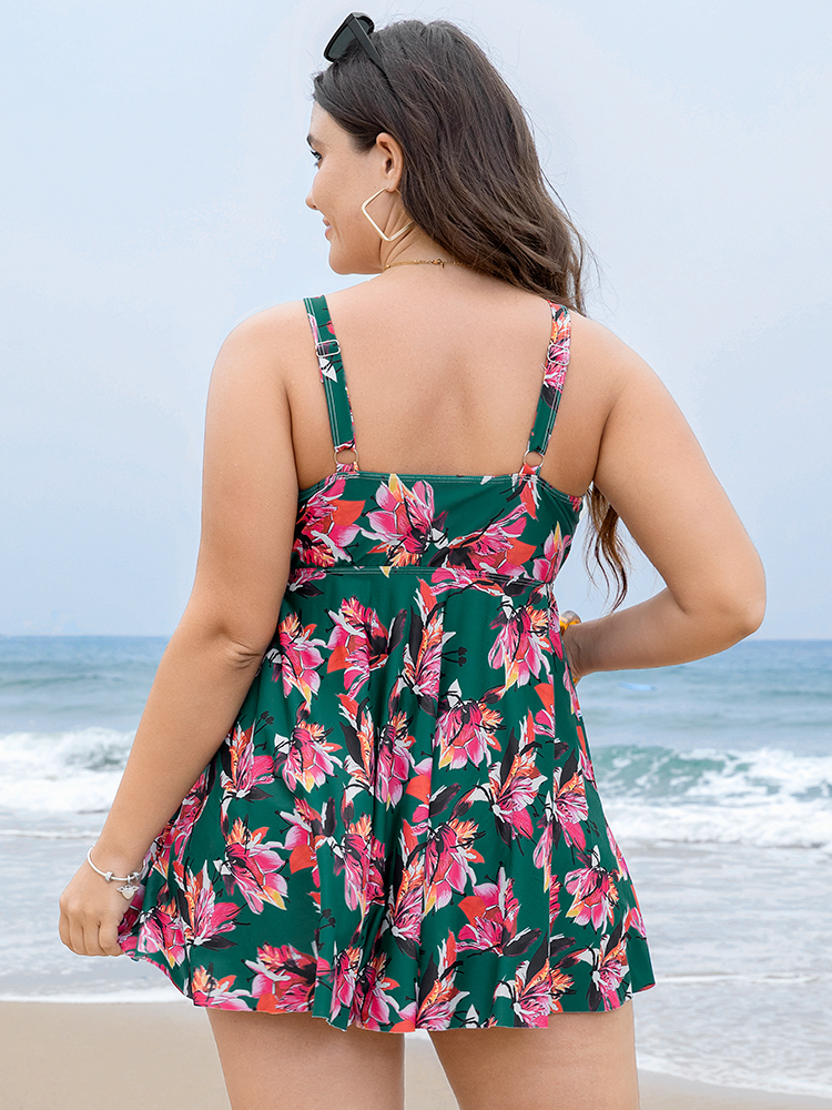 Floral Print A Line Round Neck Ruffle Hem Swim Dress BloomChic 