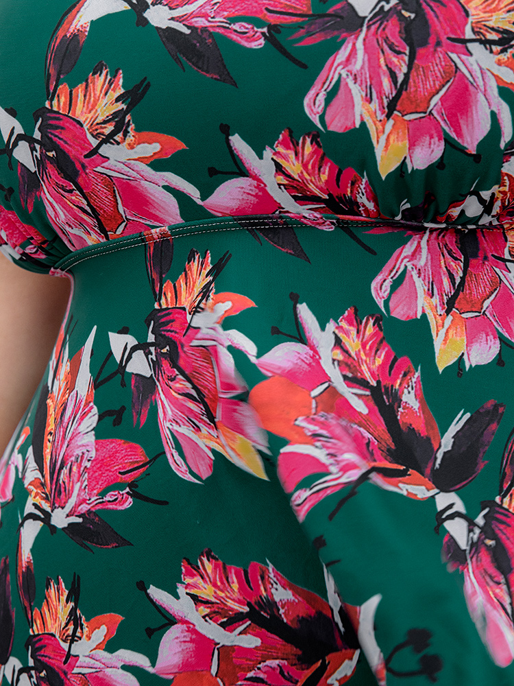 Floral Print A Line Round Neck Ruffle Hem Swim Dress BloomChic 