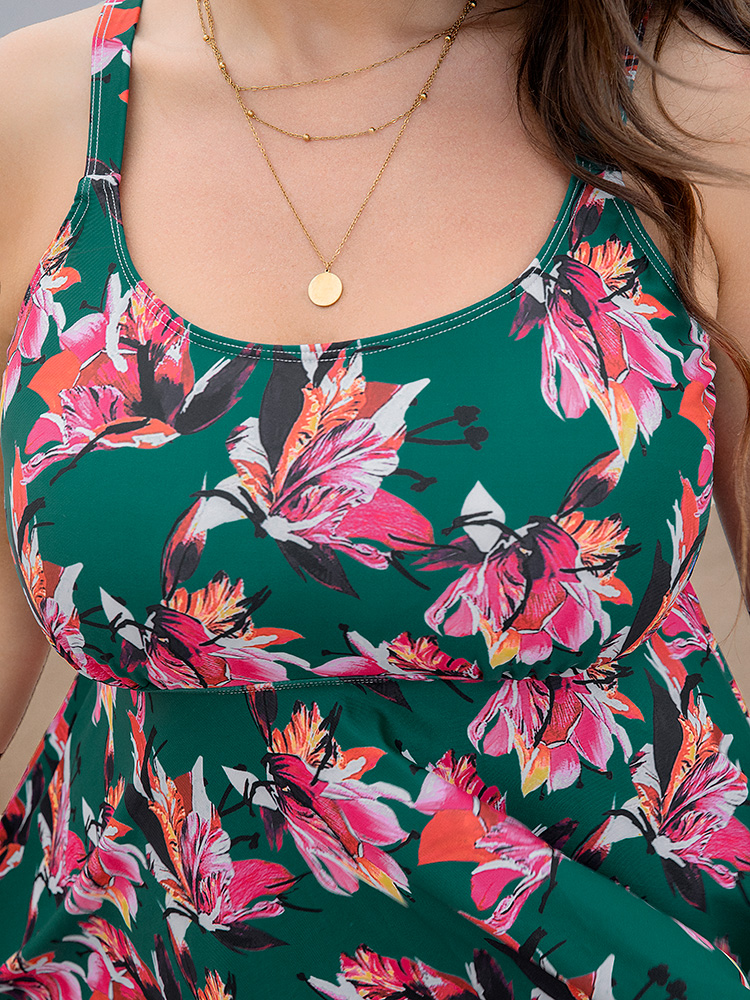 Floral Print A Line Round Neck Ruffle Hem Swim Dress BloomChic 