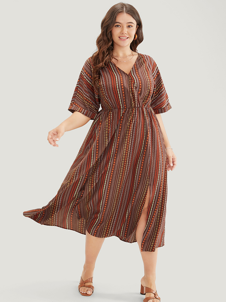 

Plus Size Striped Geometric Dolman Sleeve Pocket Split Surplice Neck Ruffle Dress Brown Women Vacation Pocket Cold Shoulder Short sleeve Curvy Midi Dress BloomChic