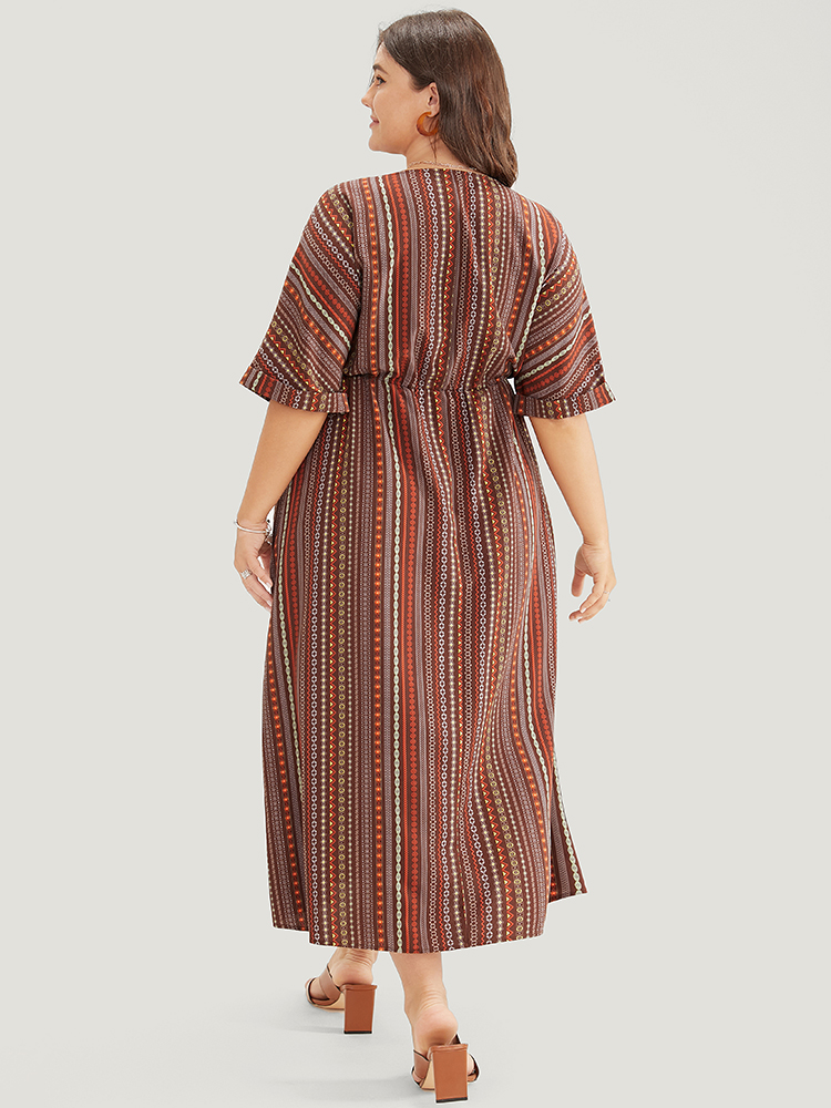 

Plus Size Striped Geometric Dolman Sleeve Pocket Split Surplice Neck Ruffle Dress Brown Women Vacation Pocket Cold Shoulder Short sleeve Curvy Midi Dress BloomChic