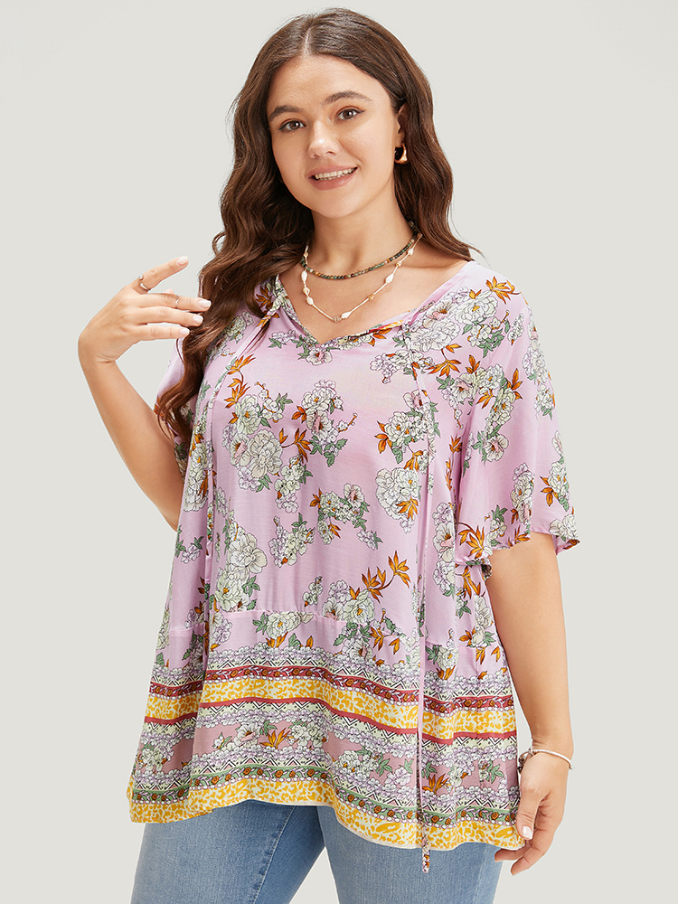 

Plus Size Lilac Bandana Flutter Sleeve Tie Neck Cut Out Blouse Women Vacation Short sleeve V-neck Dailywear Blouses BloomChic