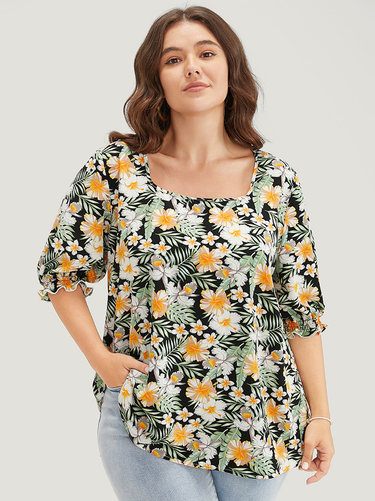 

Plus Size BlackFlower Tropical Print Puff Sleeve Ruffles Trim Square Neck Blouse Women Vacation Elbow-length sleeve Square Neck Dailywear Blouses BloomChic
