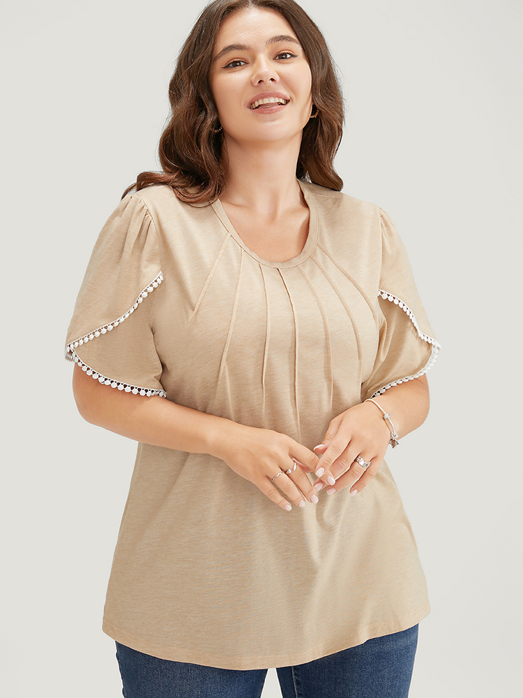 

Solid Pleated Wrap Sleeve Pompom Trim T-shirt, Tan