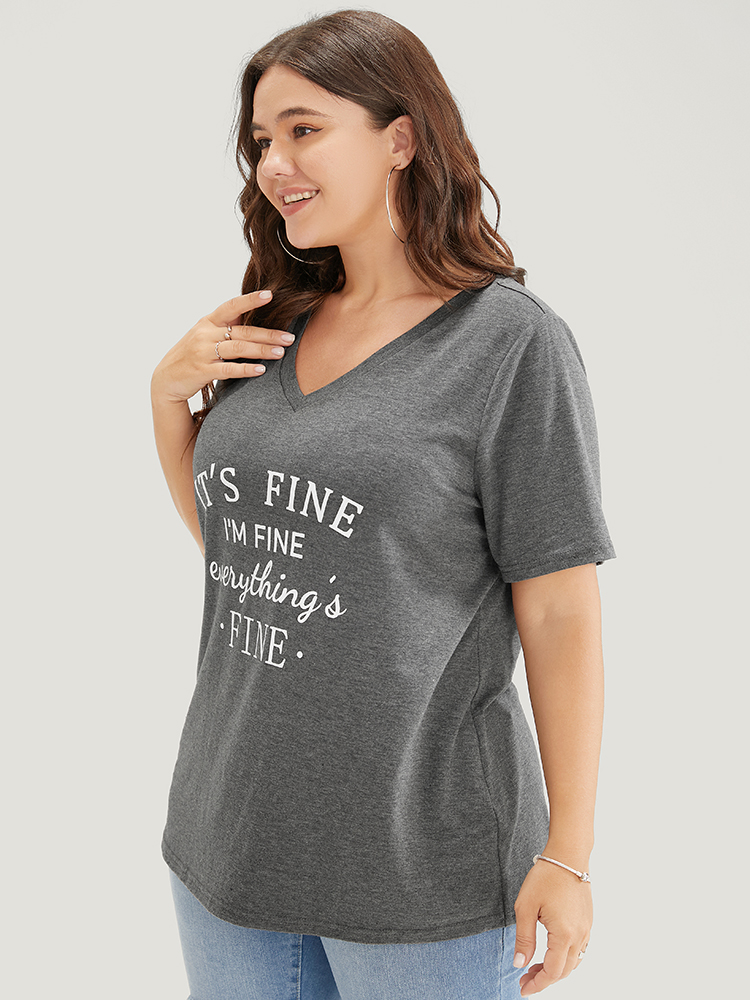 

Plus Size Letter Print V Neck T-shirt DimGray Women Casual Positive slogan Round Neck Dailywear T-shirts BloomChic