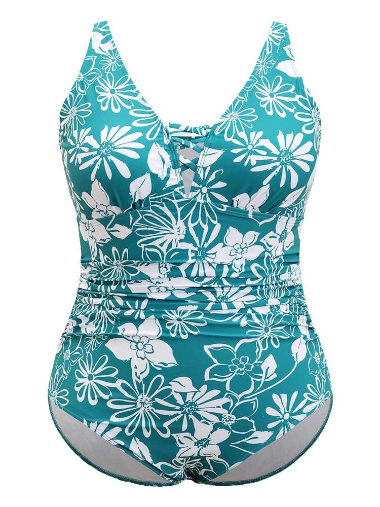 Floral Print Crisscross Sculpt Waist Ruched One Piece Swimsuit BloomChic 