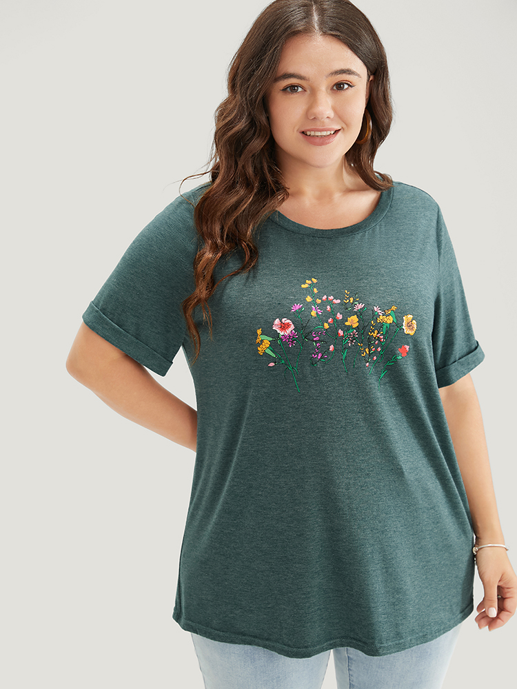 

Plus Size Floral Roll Sleeve Round Neck T-shirt DarkGreen Women Casual Natural Flowers Dailywear T-shirts BloomChic