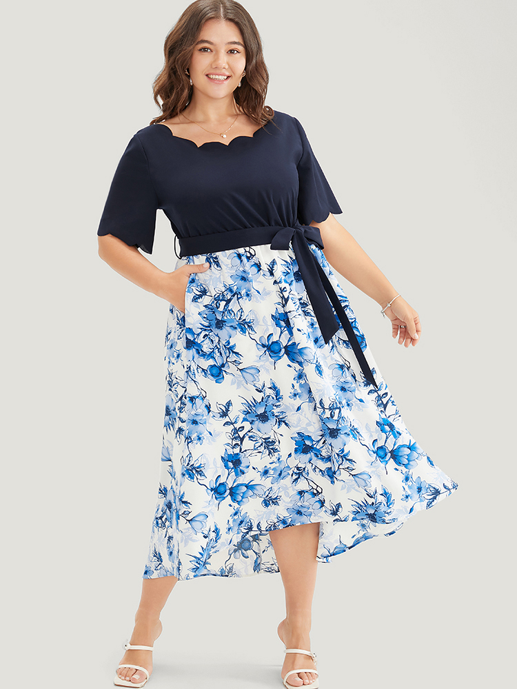 

Plus Size Floral Patchwork Pocket Scalloped Trim Ruffle Hem Dress LightBlue Women Patchwork Round Neck Short sleeve Curvy Midi Dress BloomChic