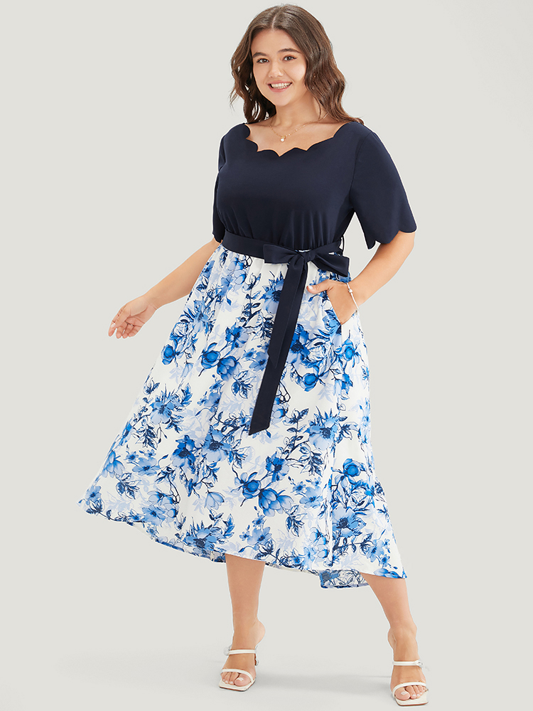 

Plus Size Floral Patchwork Pocket Scalloped Trim Ruffle Hem Dress LightBlue Women Elegant Patchwork Round Neck Short sleeve Curvy Midi Dress BloomChic