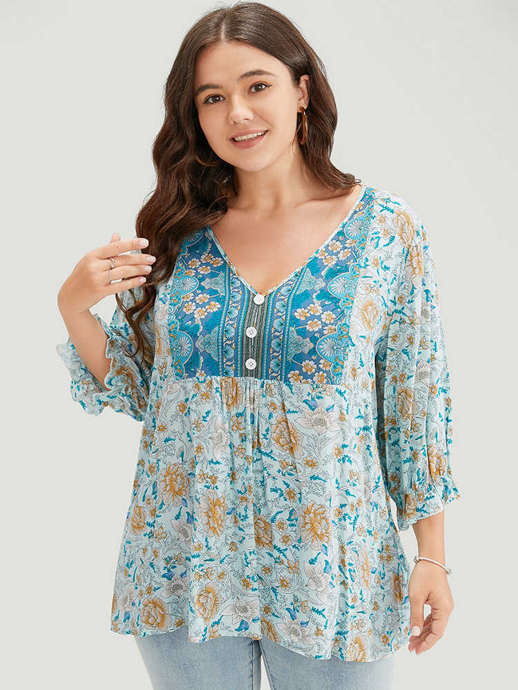 

Plus Size Aquamarine Bandana Print Ruffle Trim Button Detail Blouse Women Vacation Elbow-length sleeve V-neck Dailywear Blouses BloomChic