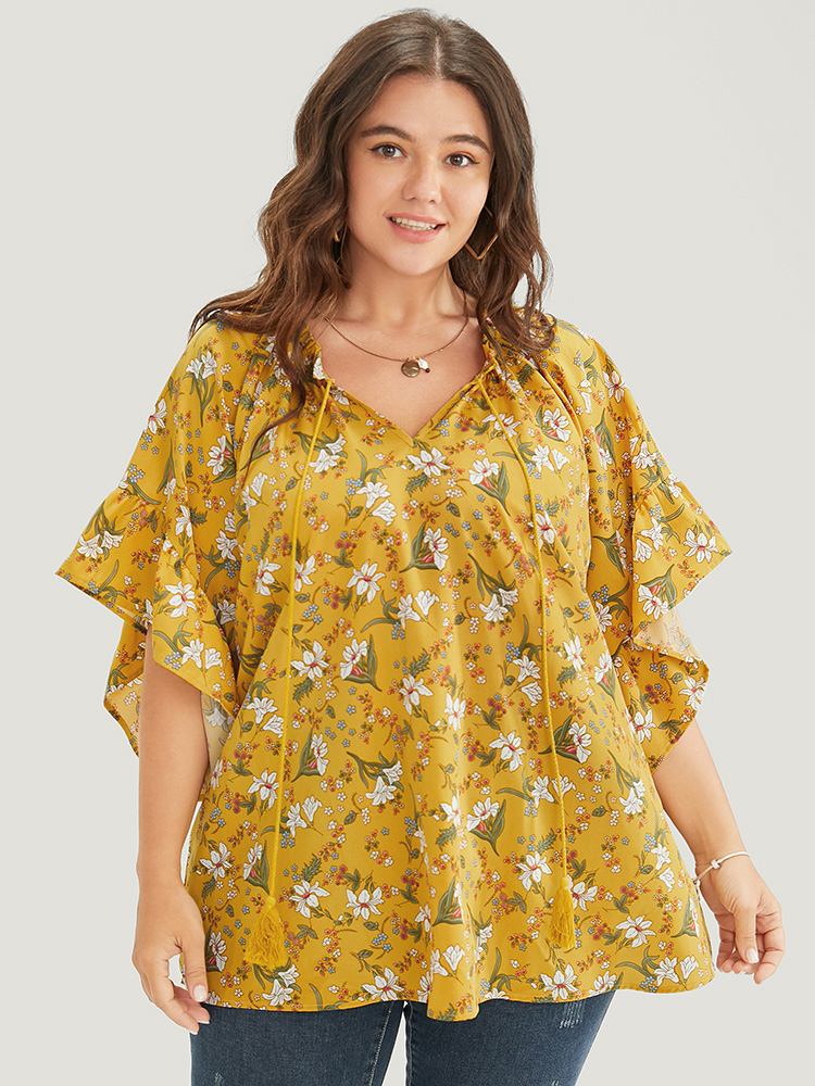 

Plus Size Yellow Floral Tie Neck Tassels Frill Trim Ruffle Sleeve Blouse Women Elegant Short sleeve V-neck Dailywear Blouses BloomChic