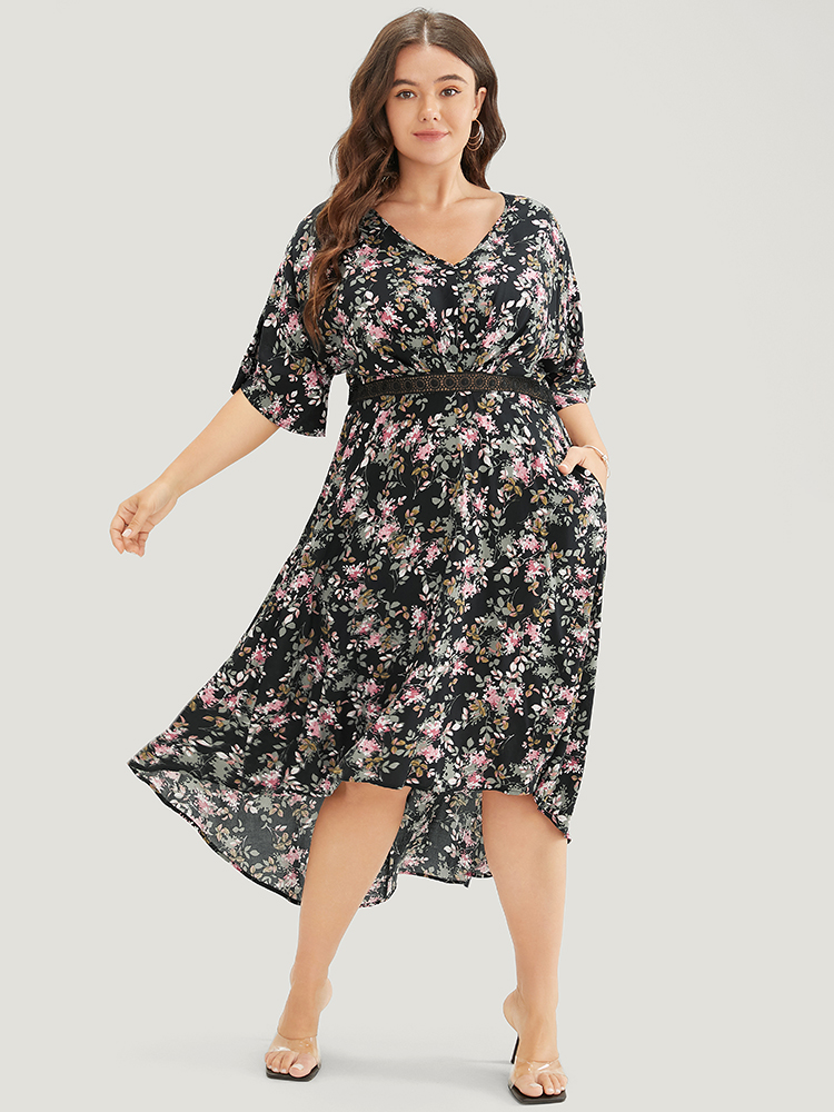 Plus Size Floral Lace Insert Dolman Sleeve Pocket Ruffle High Low Dress Black Women Elegant Lace V-neck Short sleeve Curvy Midi Dress BloomChic 18-20/2X 