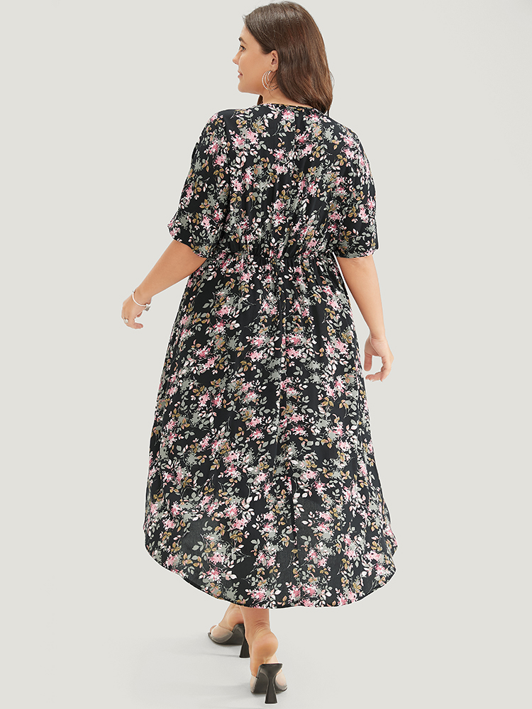 Plus Size Floral Lace Insert Dolman Sleeve Pocket Ruffle High Low Dress Black Women Elegant Lace V-neck Short sleeve Curvy Midi Dress BloomChic 18-20/2X 