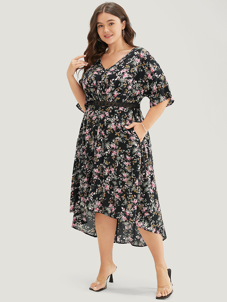 Plus Size Floral Lace Insert Dolman Sleeve Pocket Ruffle High Low Dress Black Women Elegant Lace V-neck Short sleeve Curvy Midi Dress BloomChic 18-20/2X 