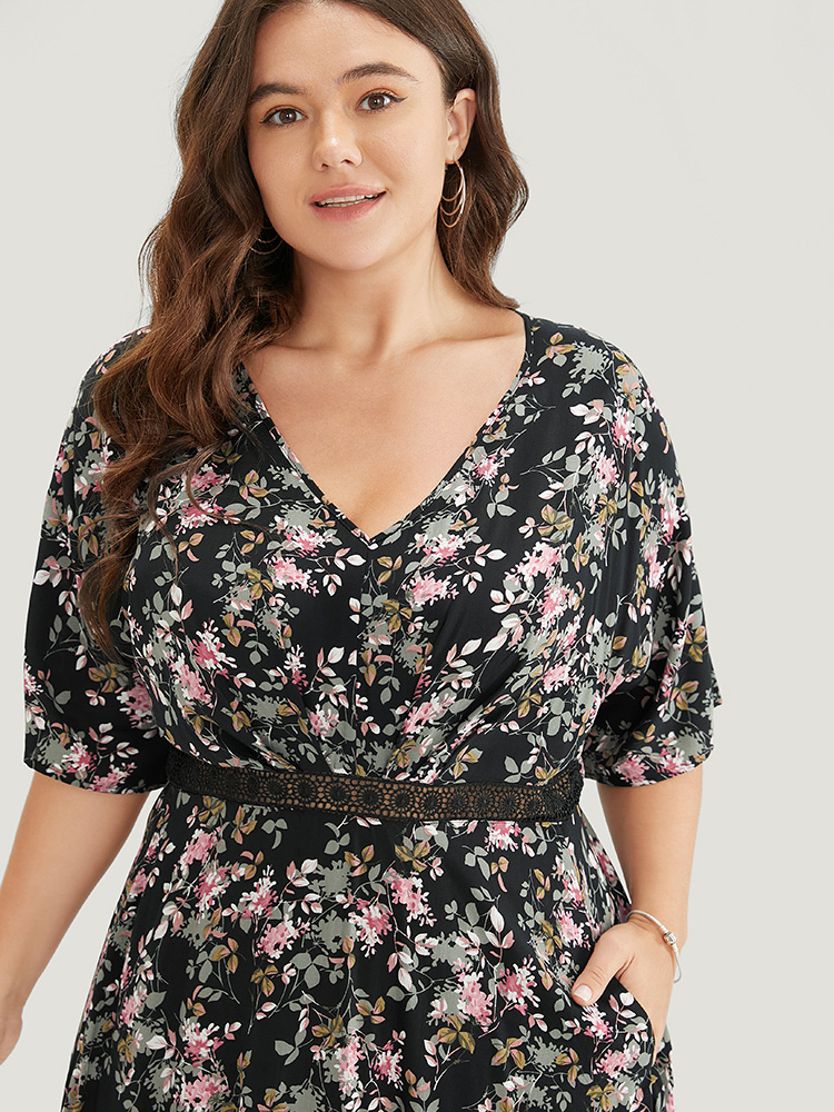 Plus Size Floral Lace Insert Dolman Sleeve Pocket Ruffle High Low Dress Black Women Elegant Lace V-neck Short sleeve Curvy Midi Dress BloomChic 18-20/2X 