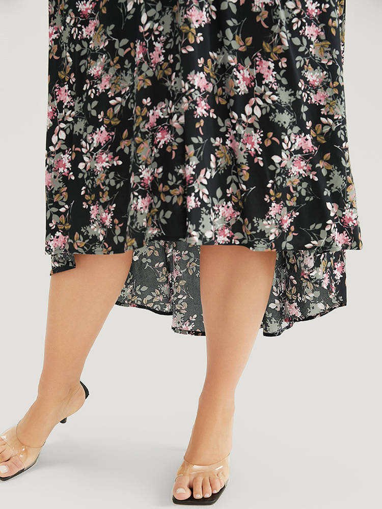 Plus Size Floral Lace Insert Dolman Sleeve Pocket Ruffle High Low Dress Black Women Elegant Lace V-neck Short sleeve Curvy Midi Dress BloomChic 18-20/2X 