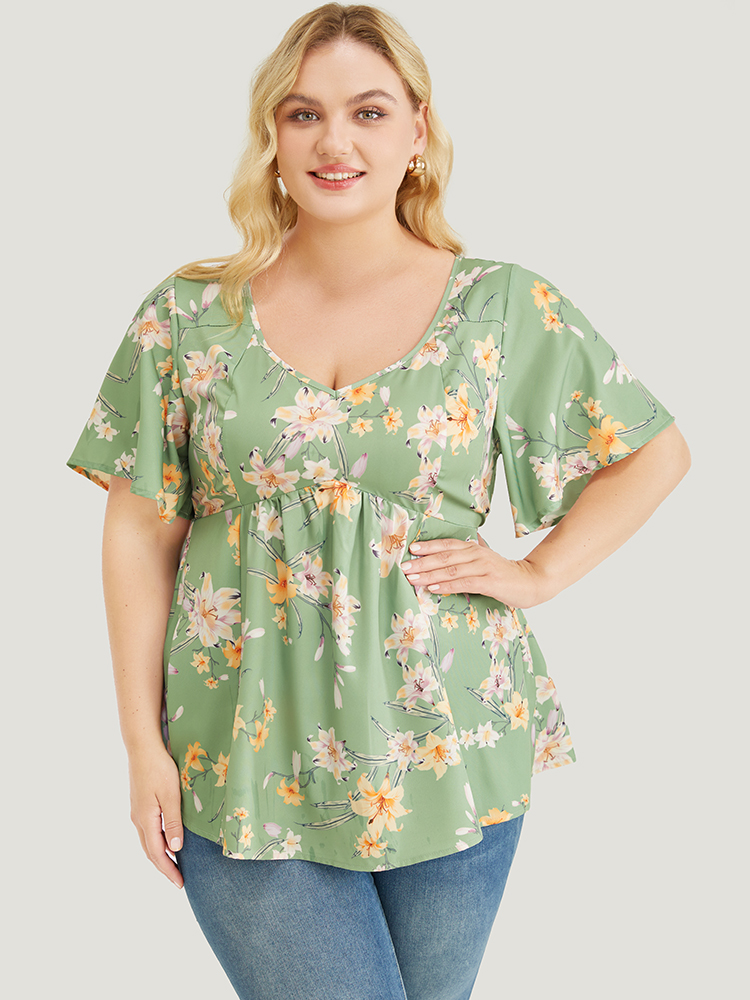 

Plus Size Sage Floral Print V Neck Ruffle Sleeve Blouse Women Elegant Short sleeve V-neck Dailywear Blouses BloomChic