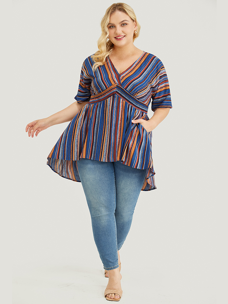 Plus Size Navy Striped Contrast Shirred Wrap High Low Hem Pocket Blouse Women Vacation Short sleeve V-neck Vacation Blouses BloomChic 30/6X 