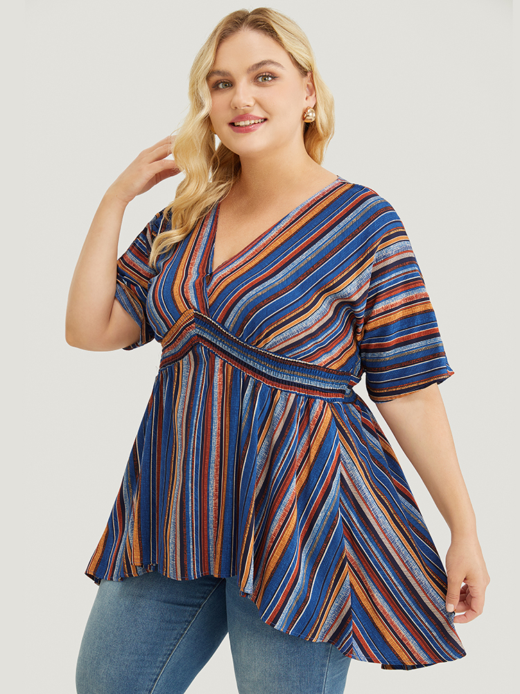 Plus Size Navy Striped Contrast Shirred Wrap High Low Hem Pocket Blouse Women Vacation Short sleeve V-neck Vacation Blouses BloomChic 30/6X 