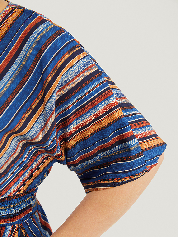 Plus Size Navy Striped Contrast Shirred Wrap High Low Hem Pocket Blouse Women Vacation Short sleeve V-neck Vacation Blouses BloomChic 30/6X 