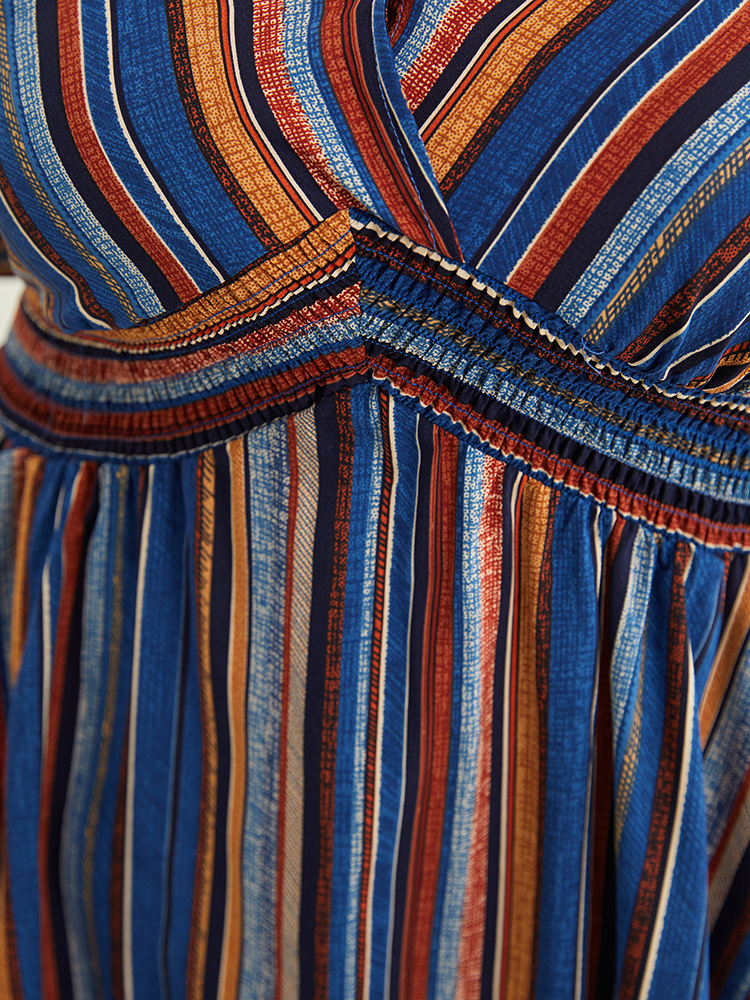 Plus Size Navy Striped Contrast Shirred Wrap High Low Hem Pocket Blouse Women Vacation Short sleeve V-neck Vacation Blouses BloomChic 30/6X 