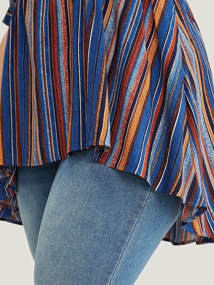 Plus Size Navy Striped Contrast Shirred Wrap High Low Hem Pocket Blouse Women Vacation Short sleeve V-neck Vacation Blouses BloomChic 30/6X 