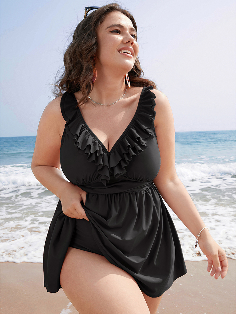 Plus Size Ruffle Trim Adjustable Straps Gathered Sculpt Waist Swim Dress Women`s Swimwear Black Beach Bodycon High stretch Curve Swim Dresses BloomChic 22-24/3X 