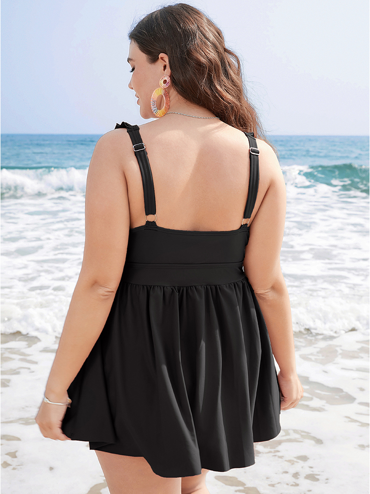 Plus Size Ruffle Trim Adjustable Straps Gathered Sculpt Waist Swim Dress Women`s Swimwear Black Beach Bodycon High stretch Curve Swim Dresses BloomChic 22-24/3X 