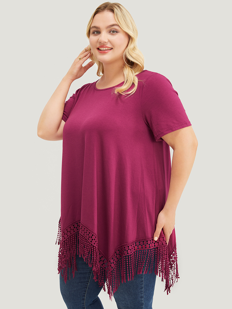 

Liberty Ruffle Tassels Plus Size Women T-shirts Elegance Plain Slightly Stretchy Sleeve Short Sleeve Round Neck Dailywear T-shirts BloomChic, Purple