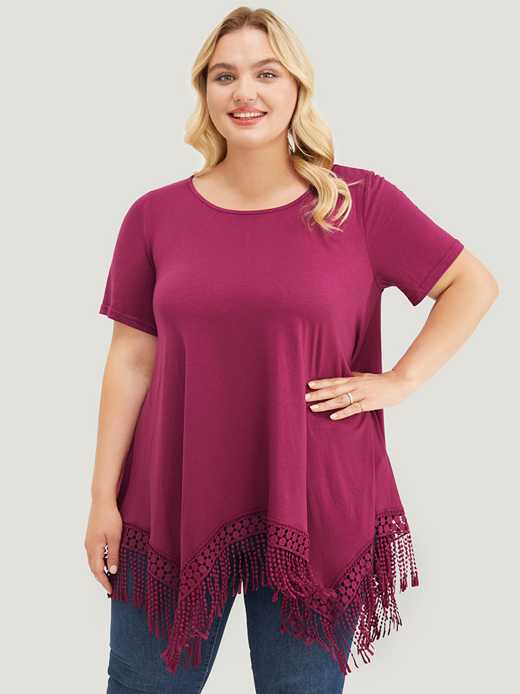 

Liberty Ruffle Tassels Plus Size Women T-shirts Elegance Plain Slightly Stretchy Sleeve Short Sleeve Round Neck Dailywear T-shirts BloomChic, Purple