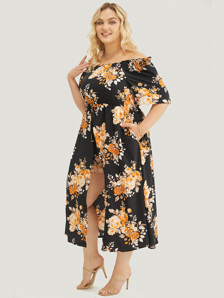 Plus Size Black Floral Print Pocket Ruffle Off Shoulder 2-In-1 Romper Women Vacation Short sleeve One-shoulder neck Dailywear Loose Jumpsuits BloomChic 10/M 