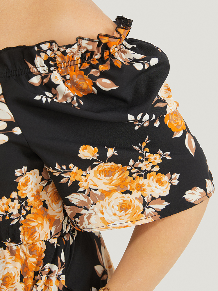 Plus Size Black Floral Print Pocket Ruffle Off Shoulder 2-In-1 Romper Women Vacation Short sleeve One-shoulder neck Dailywear Loose Jumpsuits BloomChic 10/M 