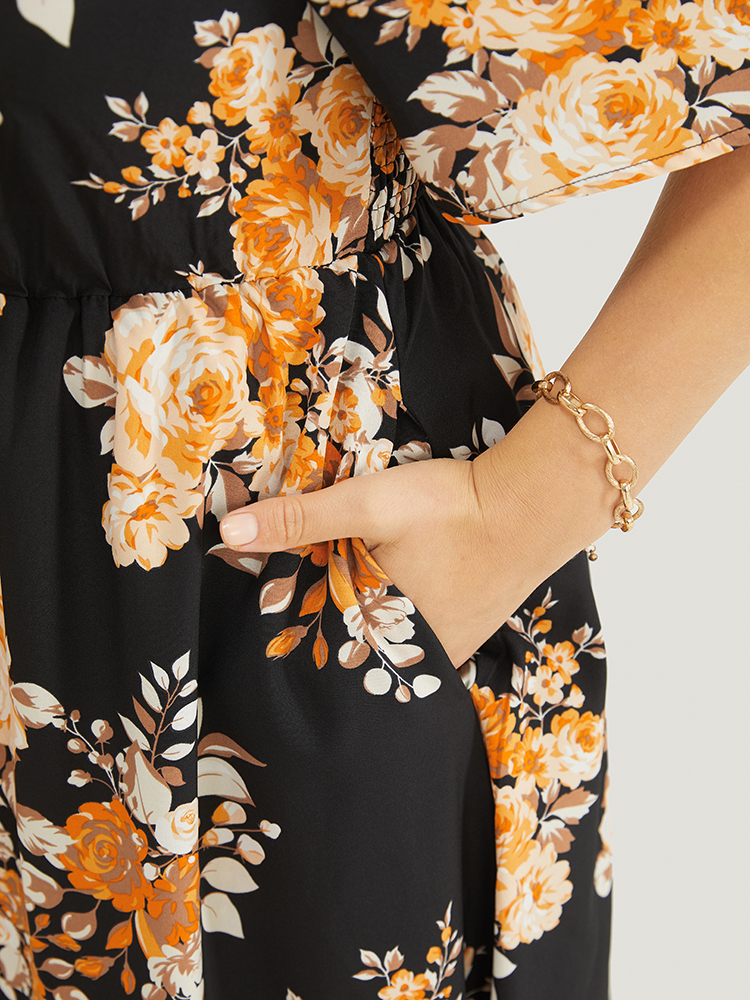Plus Size Black Floral Print Pocket Ruffle Off Shoulder 2-In-1 Romper Women Vacation Short sleeve One-shoulder neck Dailywear Loose Jumpsuits BloomChic 10/M 
