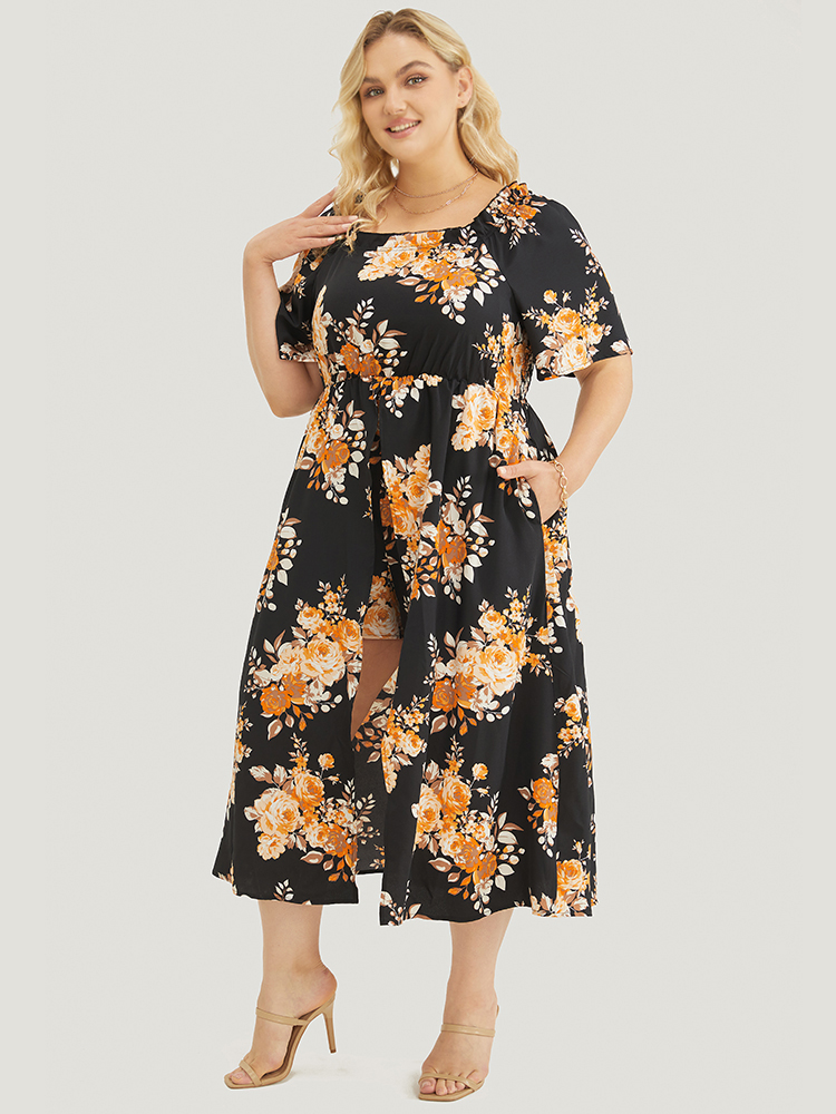 Plus Size Black Floral Print Pocket Ruffle Off Shoulder 2-In-1 Romper Women Vacation Short sleeve One-shoulder neck Dailywear Loose Jumpsuits BloomChic 10/M 
