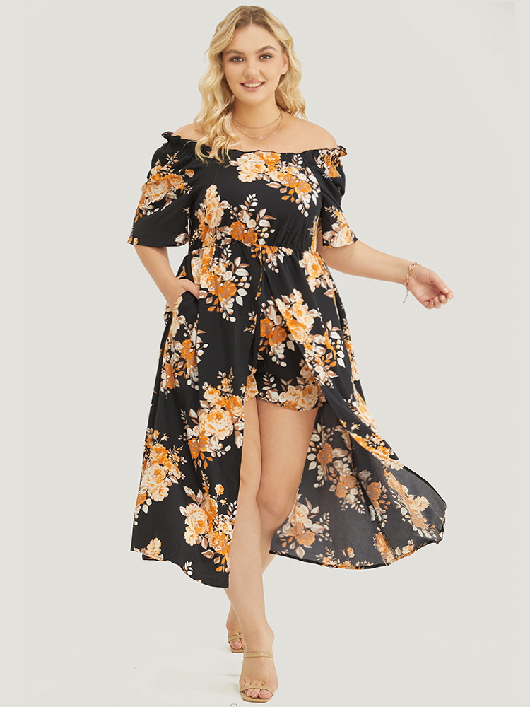 

Plus Size Black Floral Print Pocket Ruffle Off Shoulder 2-In-1 Romper Women Vacation Short sleeve One-shoulder neck Dailywear Loose Jumpsuits BloomChic