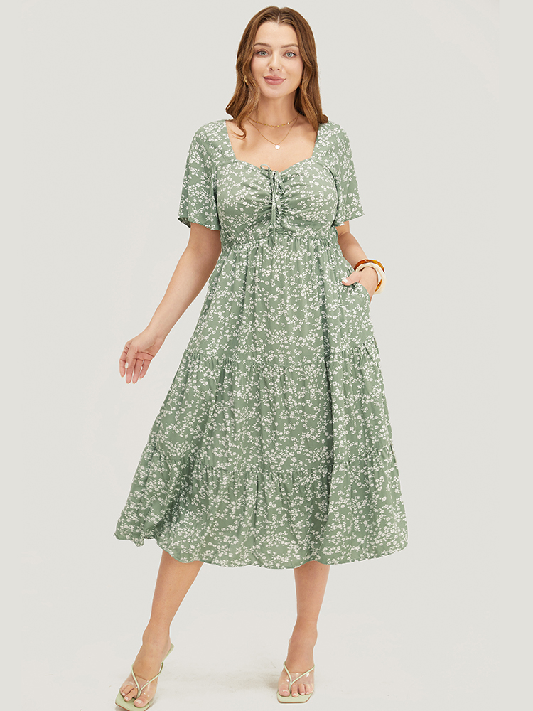 

Plus Size Ditsy Floral Drawstring Ruched Pocket Ruffle Tiered Dress Sage Women Non V-neck Short sleeve Curvy Midi Dress BloomChic