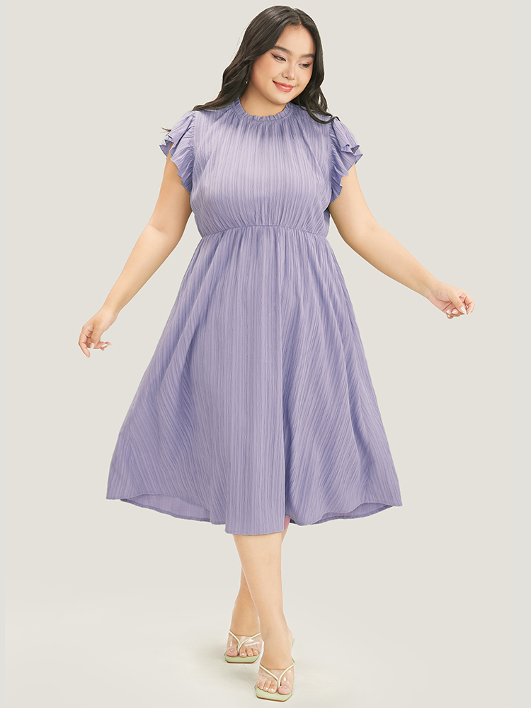 

Plus Size Plain Cap Sleeve Ruffles Trim Mock Neck Pocket Dress Lilac Women Elegant Pocket Round Neck Short sleeve Curvy Midi Dress BloomChic