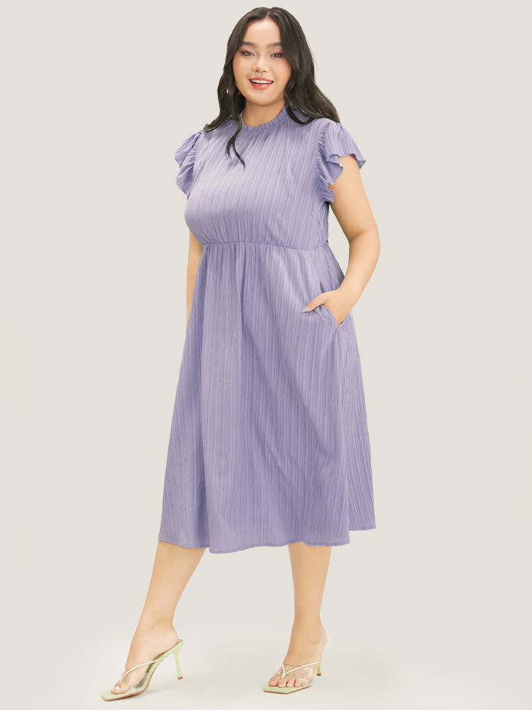 

Plus Size Plain Cap Sleeve Ruffles Trim Mock Neck Pocket Dress Lilac Women Elegant Pocket Round Neck Short sleeve Curvy Midi Dress BloomChic